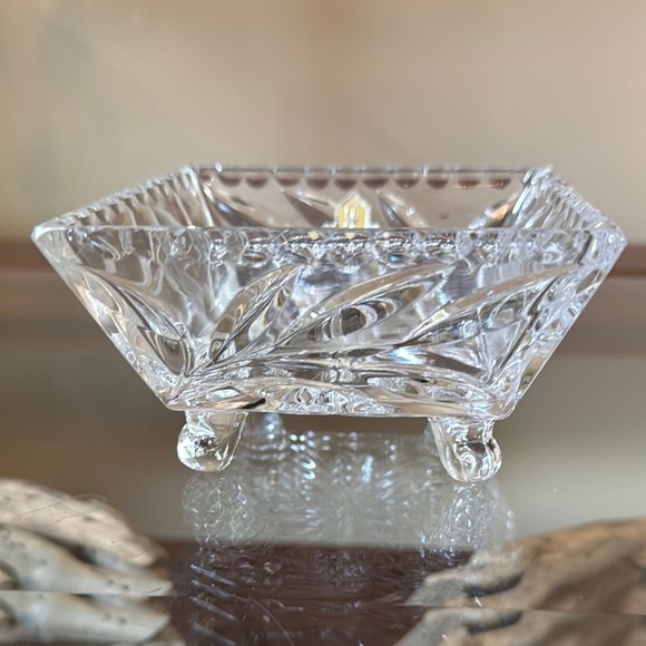 Vintage Lead Crystal Square Candy/Nut Dish with Floral Etched Design - Picture 2 of 6